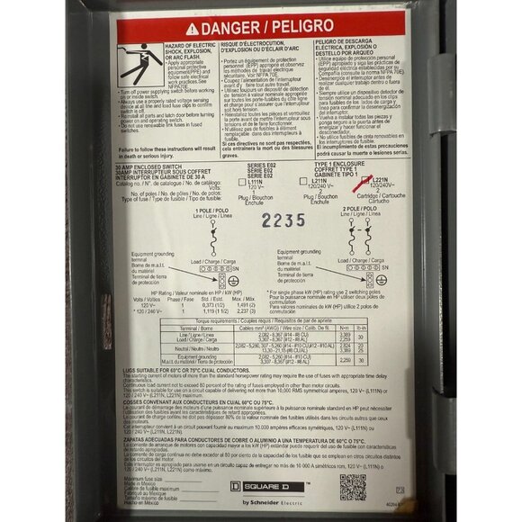 Square D 30 amps Fusible 2-Pole Fuse Safety Switch L221N 120/240V 2 Cartridge - Picture 4 of 4